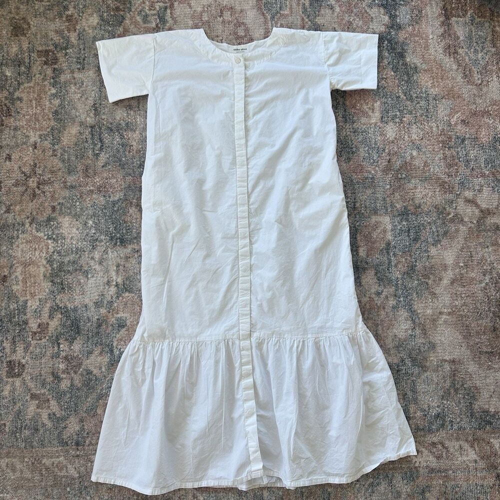 Tribe Alive Laude the Label Poplin Shirt Dress White XS Oversize Tiered Hem